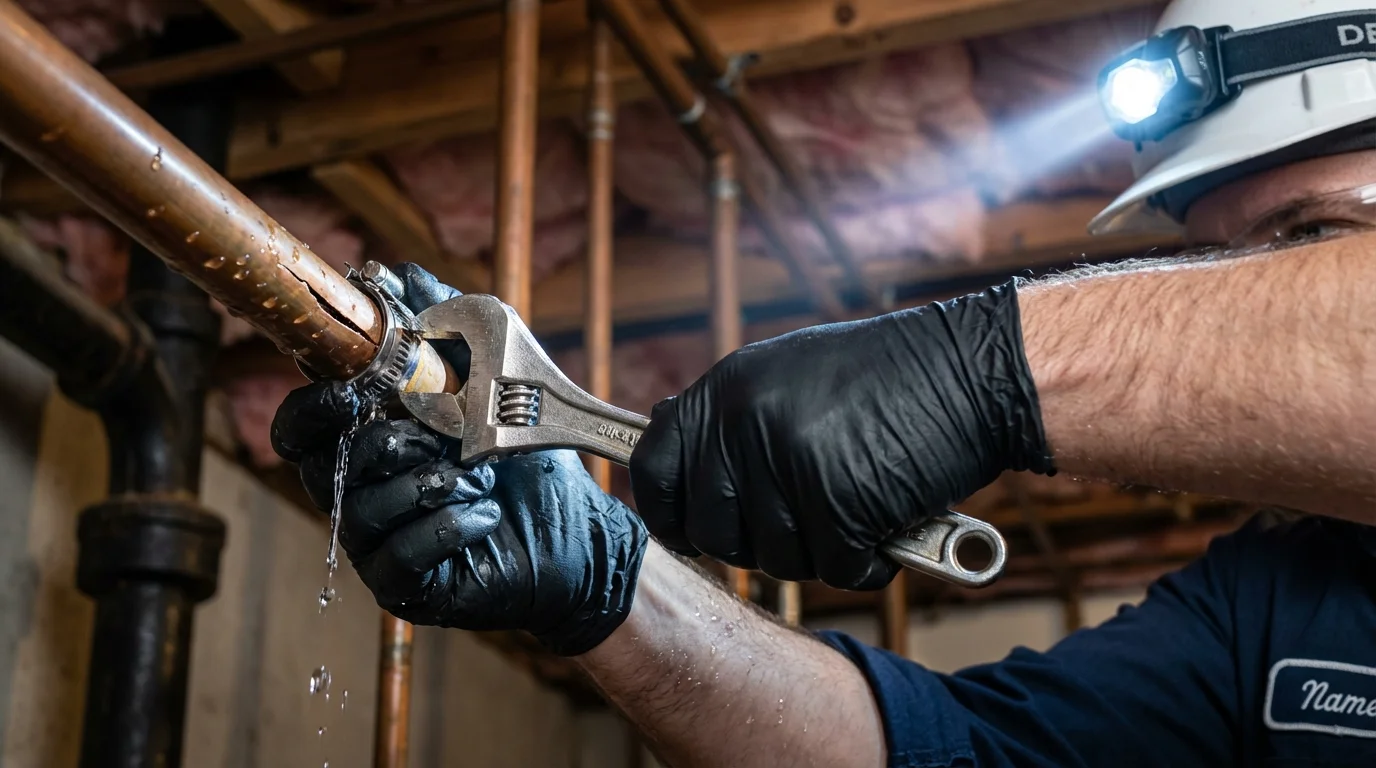 Emergency pipe clamp repair being performed by a Johns Plumbing LLC plumber in Biglerville