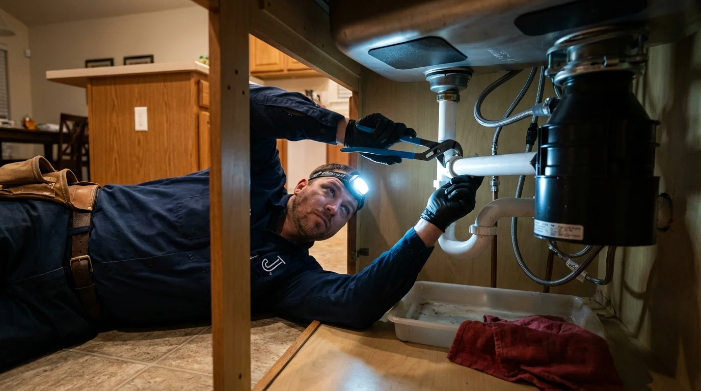 P-trap and supply line connections under a kitchen sink showing a common leak point in Biglerville, PA